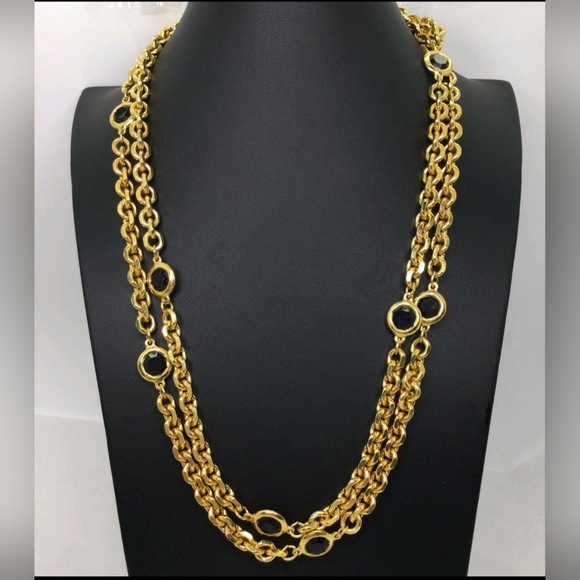 Vintage St. John Black Crystal Bezel Goldtone Necklace NWOT 48" - Picture 1 of 5
